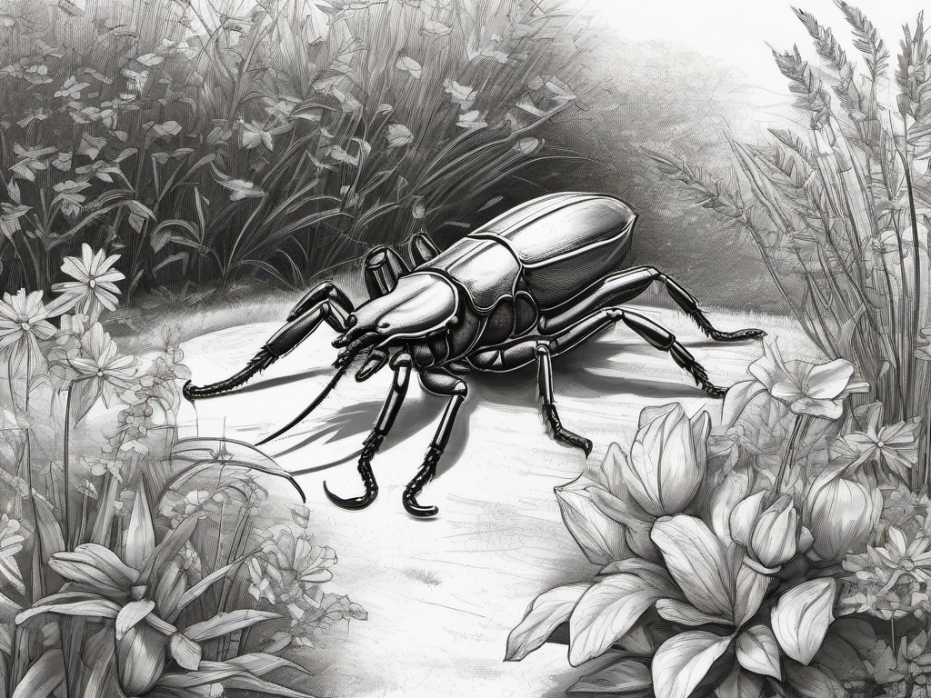 drawing of a scorpion in a garden  minimal rough sketch scribbles,doodles,black and white