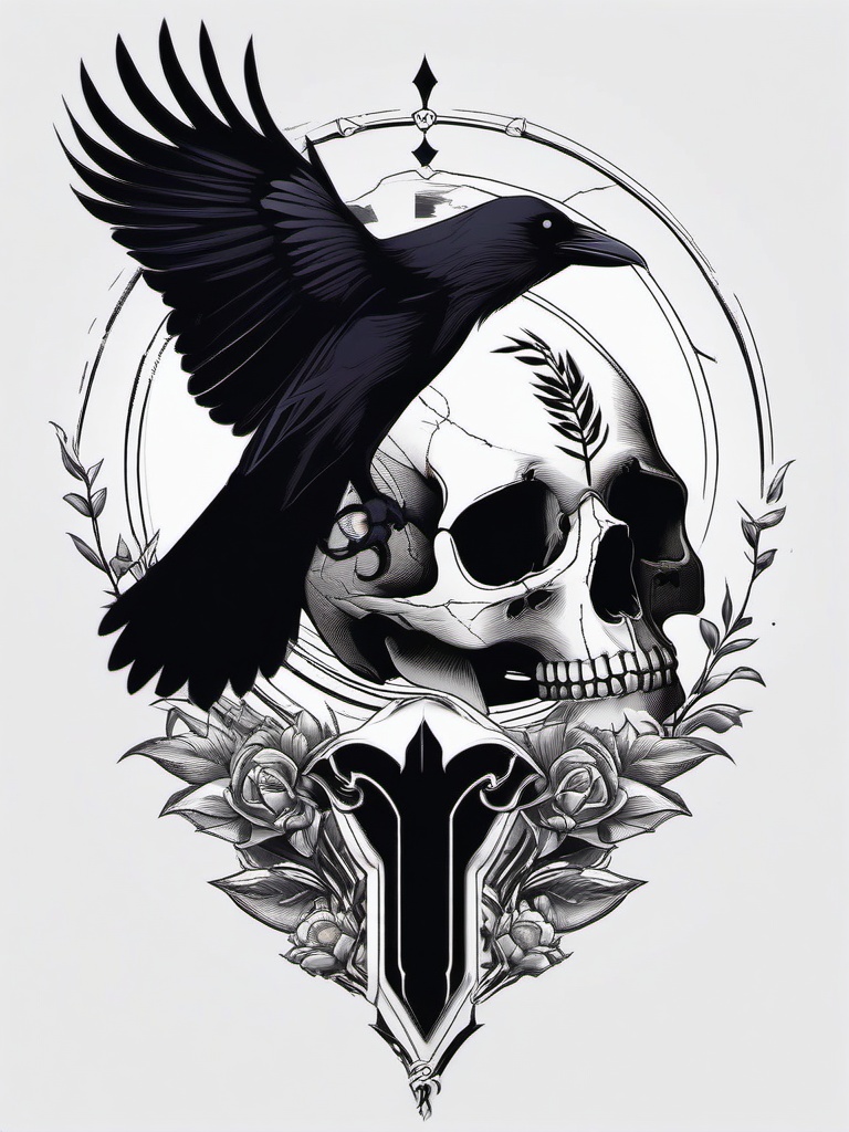 Raven Skull Tattoos - Skull with raven on top  minimalist tattoo design, white background