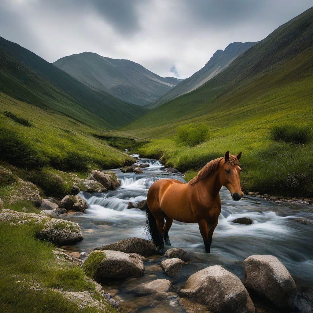 horse in a mountain stream