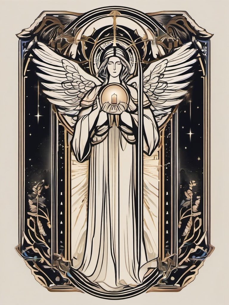 Gabriel Archangel Tattoo-Paying homage to the celestial messenger with a Gabriel archangel tattoo, symbolizing communication, revelation, and divine guidance.  simple vector color tattoo