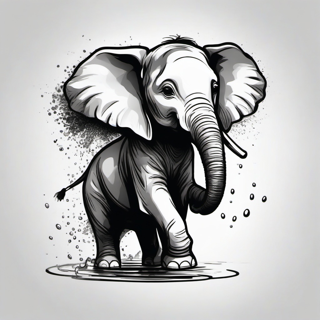 drawing of a baby elephant spraying water  minimal rough sketch scribbles,doodles,black and white