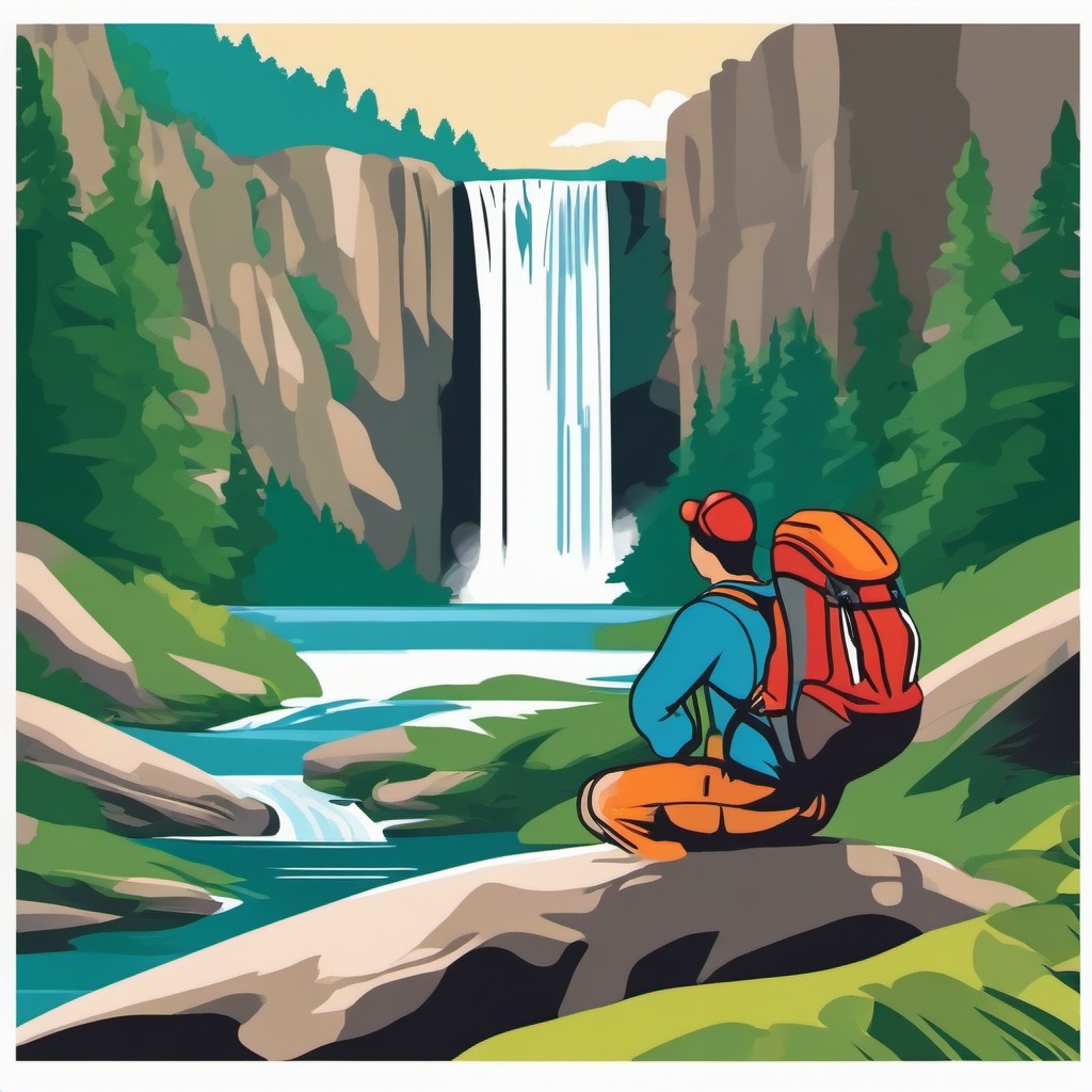 Backpacker Admiring a Waterfall Clipart - A backpacker admiring a stunning waterfall.  color vector clipart, minimal style