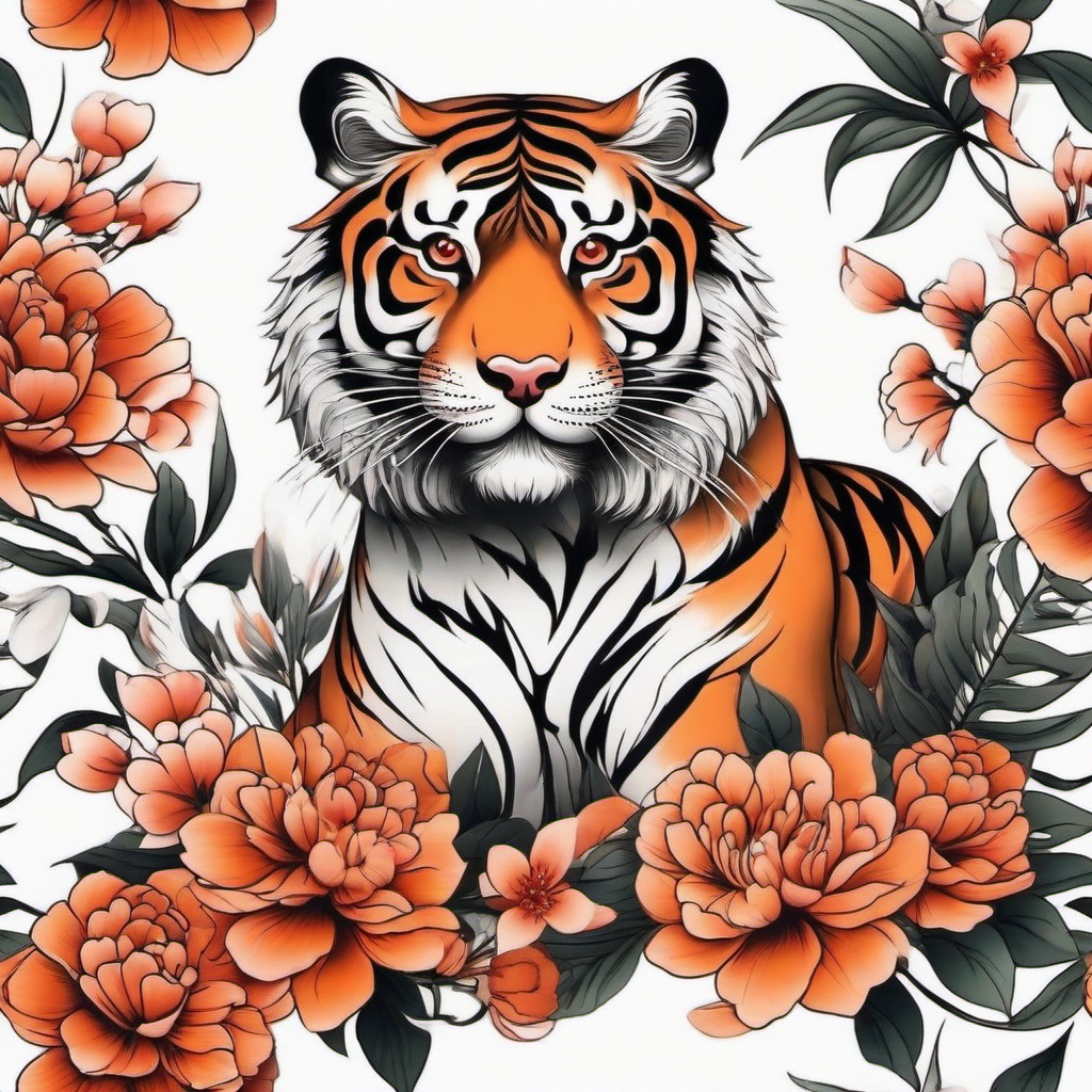 japanese tiger tattoo with flowers  simple color tattoo,white background,minimal