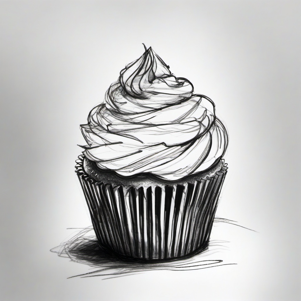 drawing of a cupcake in a bakery  minimal rough sketch scribbles,doodles,black and white