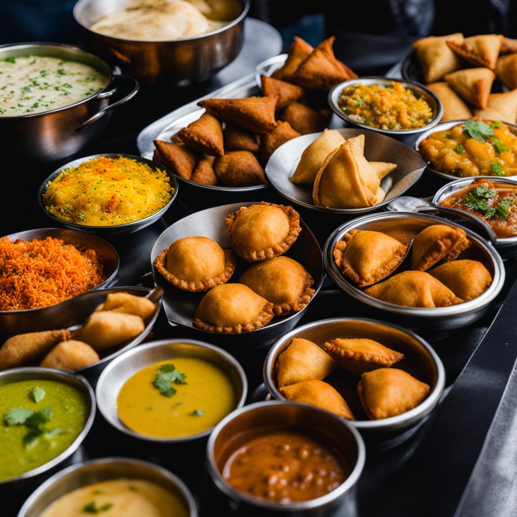 indian street food tour - savory snacks like samosas, chaat, and vada pav from street vendors. 