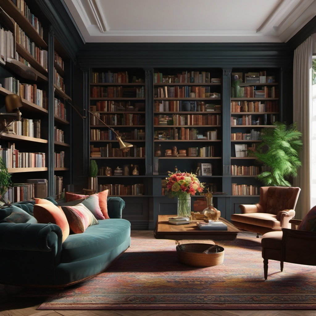 Classic Library Vibes - Design a living room with classic library elements and bookshelves. , living room decor ideas, multicoloured, photo realistic, hyper detail, high resolution,