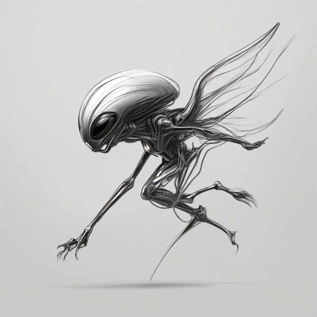 drawing of an alien flying  minimal rough sketch scribbles,doodles,black and white