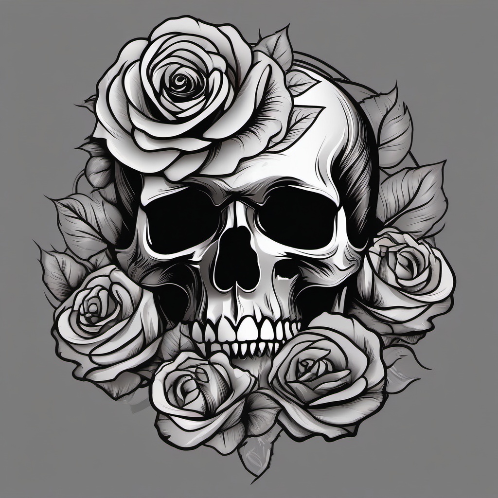 Black and Grey Skull and Rose Tattoo-Celebration of dark and intricate beauty with a black and grey skull and rose tattoo, expressing the duality of life and death.  simple vector color tattoo