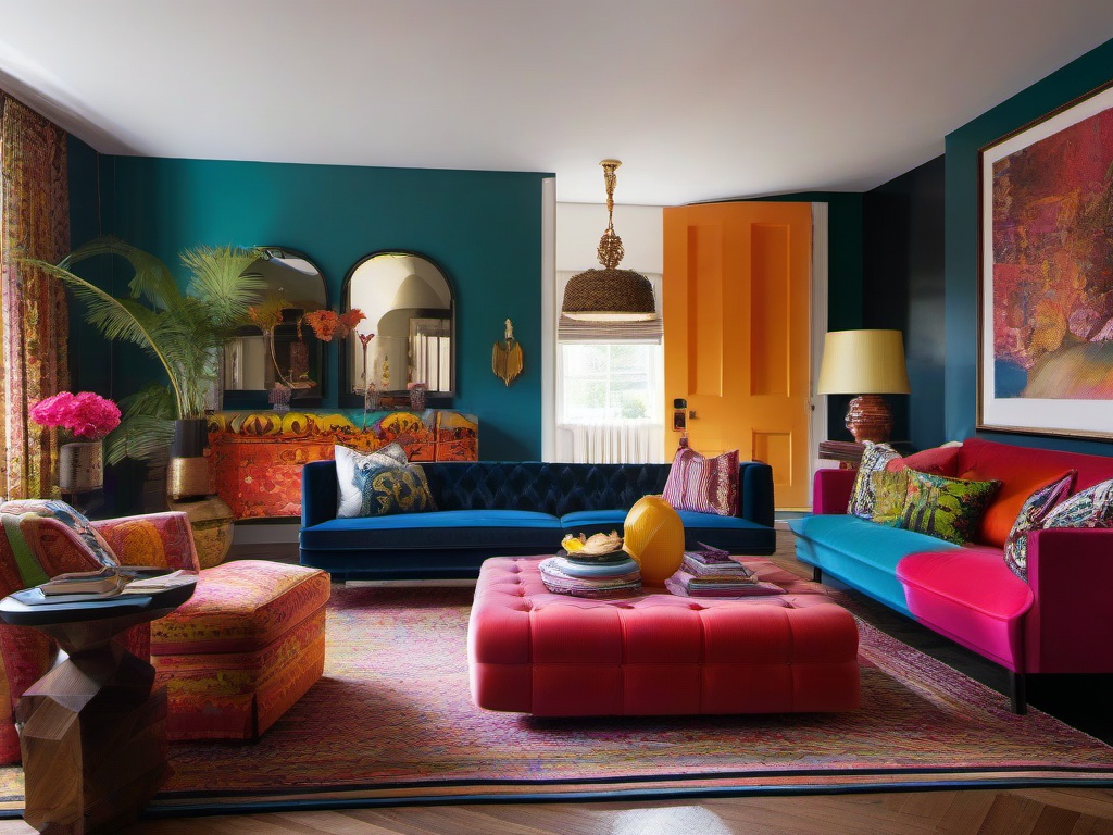 Eclectic living room combines unique furniture pieces, vibrant colors, and various textures, making it a lively and inviting gathering space.  