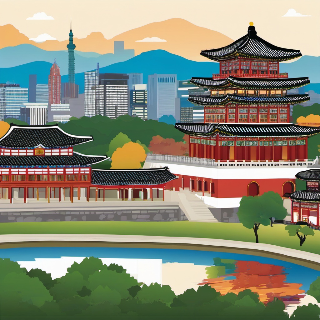 Seoul clipart - Gyeongbokgung Palace and Seoul skyline,  color vector clipart