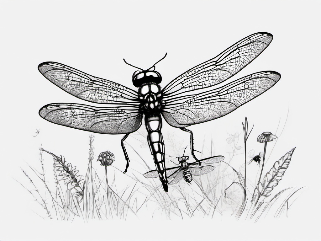 drawing of a dragonfly and a bee  minimal rough sketch scribbles,doodles,black and white