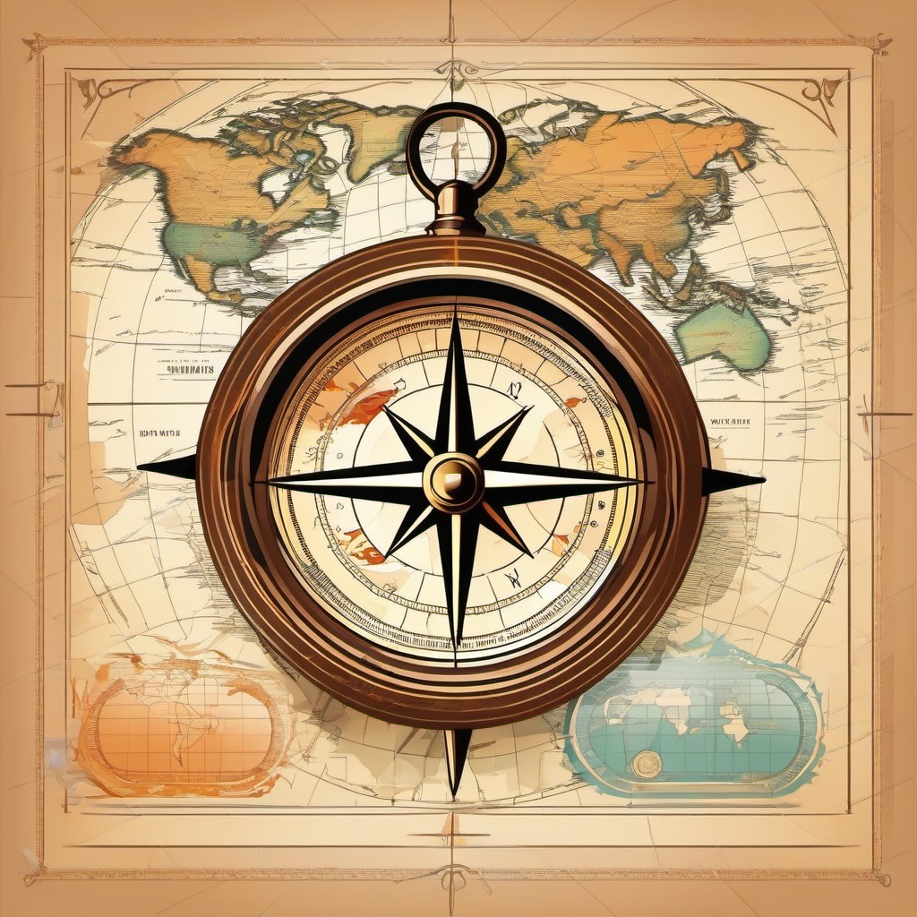 Compass and Map Clipart - Vintage compass and world map for exploration.  color clipart, minimalist, vector art, 