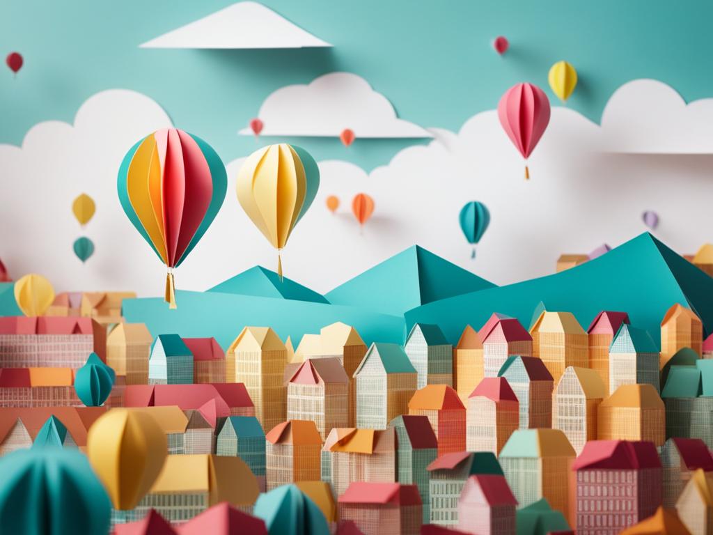 distant view of a bustling town with floating balloons bright cheery colors, Origami paper folds papercraft, made of paper, stationery, 8K resolution 64 megapixels, small details 