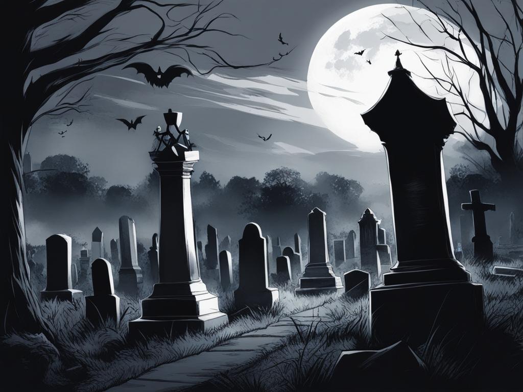 haunted graveyard - sketch an anime wallpaper featuring a haunted graveyard with tombstones and ghostly apparitions. 