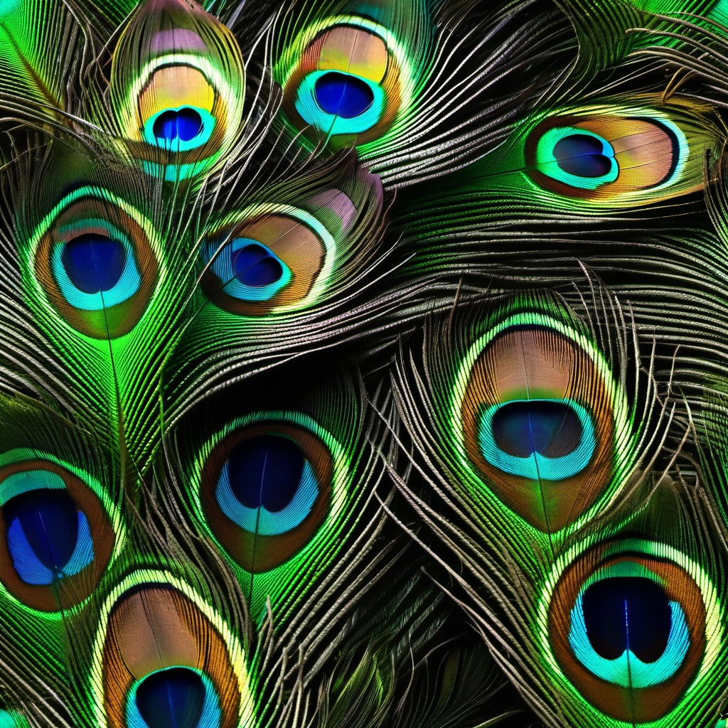 Exotic peacock feathers top view, photo realistic background, hyper detail, high resolution