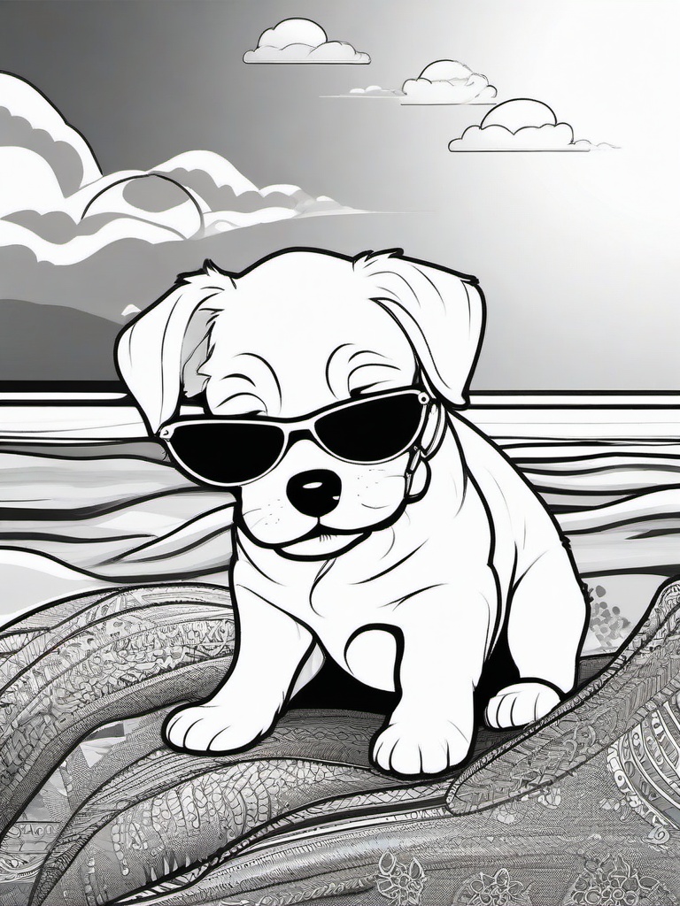 Puppy with Sunglasses Coloring Pages - Cool Puppy Relaxing in the Sun  minimal black outline printable sheet, coloring page