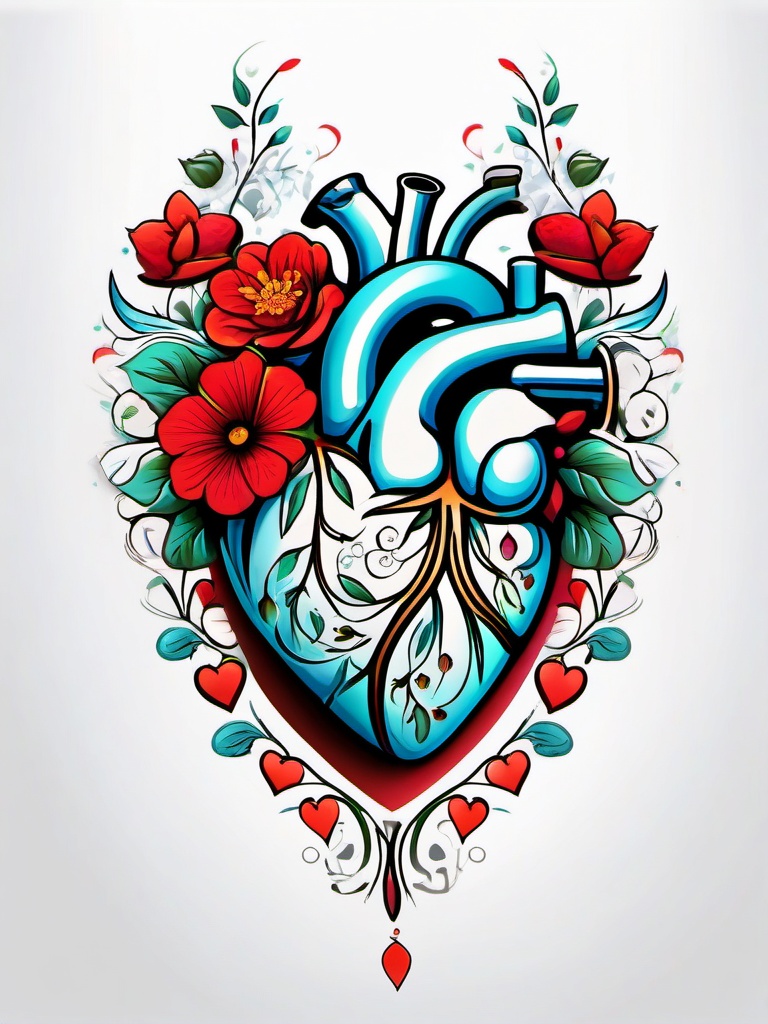 Heart floral tattoo, Floral heart, captivating fusion of love and nature. , tattoo color art, clean white background