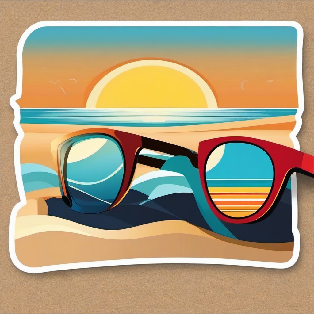 Sunglasses on Beach Sticker - Sunglasses placed on sandy beach, ,vector color sticker art,minimal