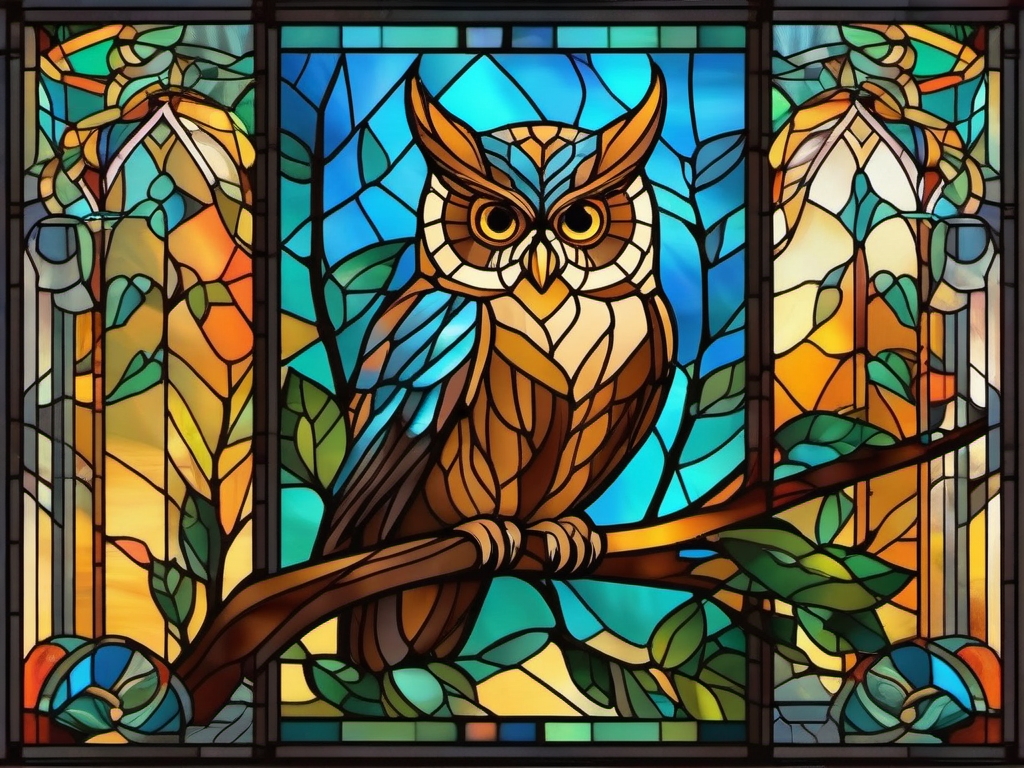 owl sitting on a tree  in stained glass style.