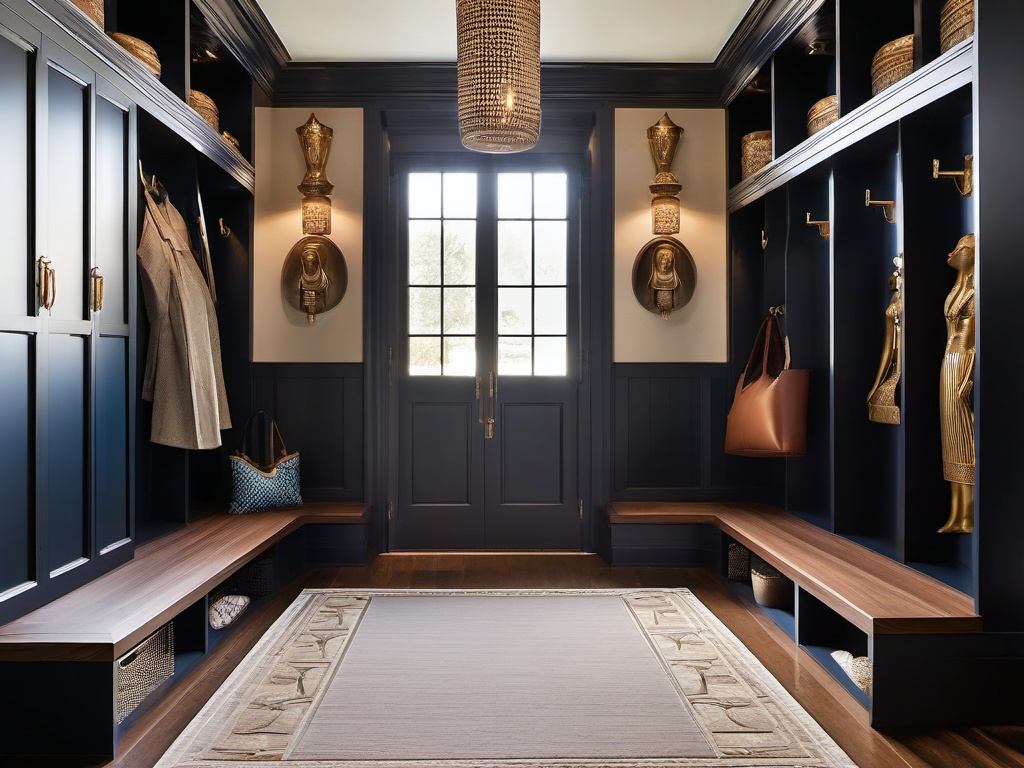 A mudroom designed with Egyptian Revival interior design includes ornate storage solutions, decorative elements, and a color palette that reflects the grandeur of ancient architecture.  