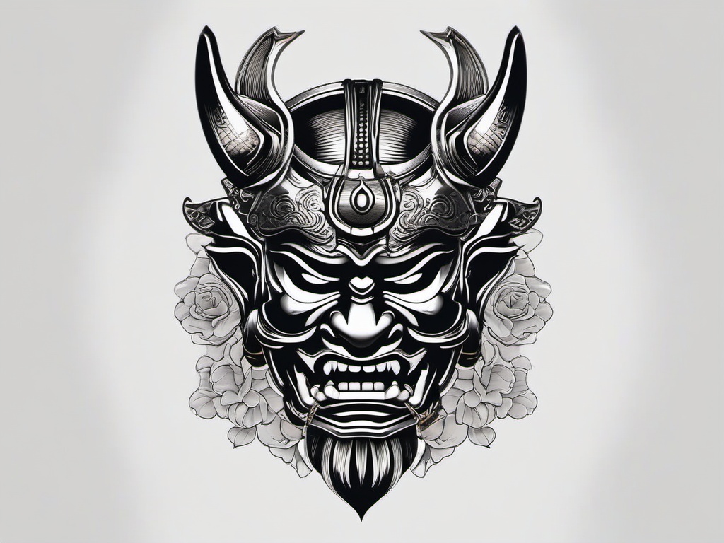 samurai oni mask tattoo design  simple color tattoo,white background,minimal