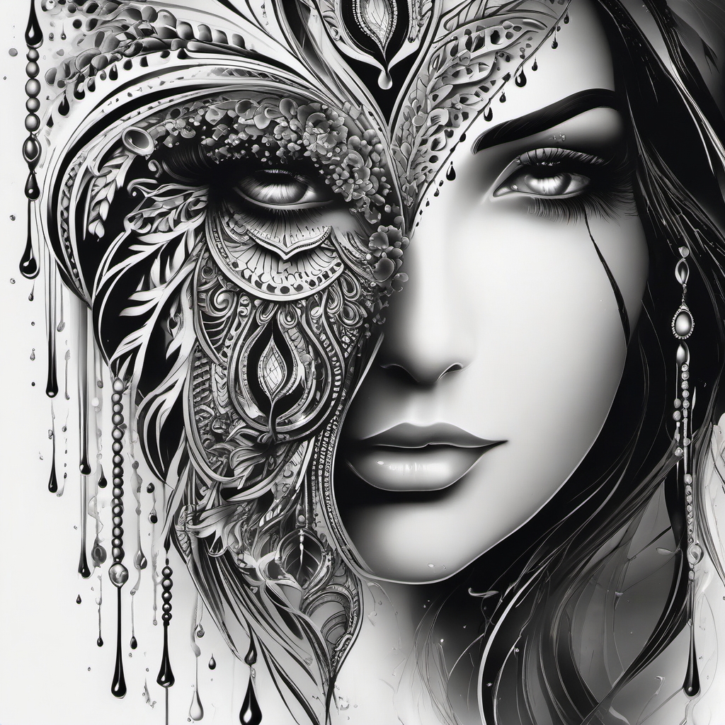 Mystical tears fall, leaving enigmatic droplets in the tattoo.  black and white tattoo style