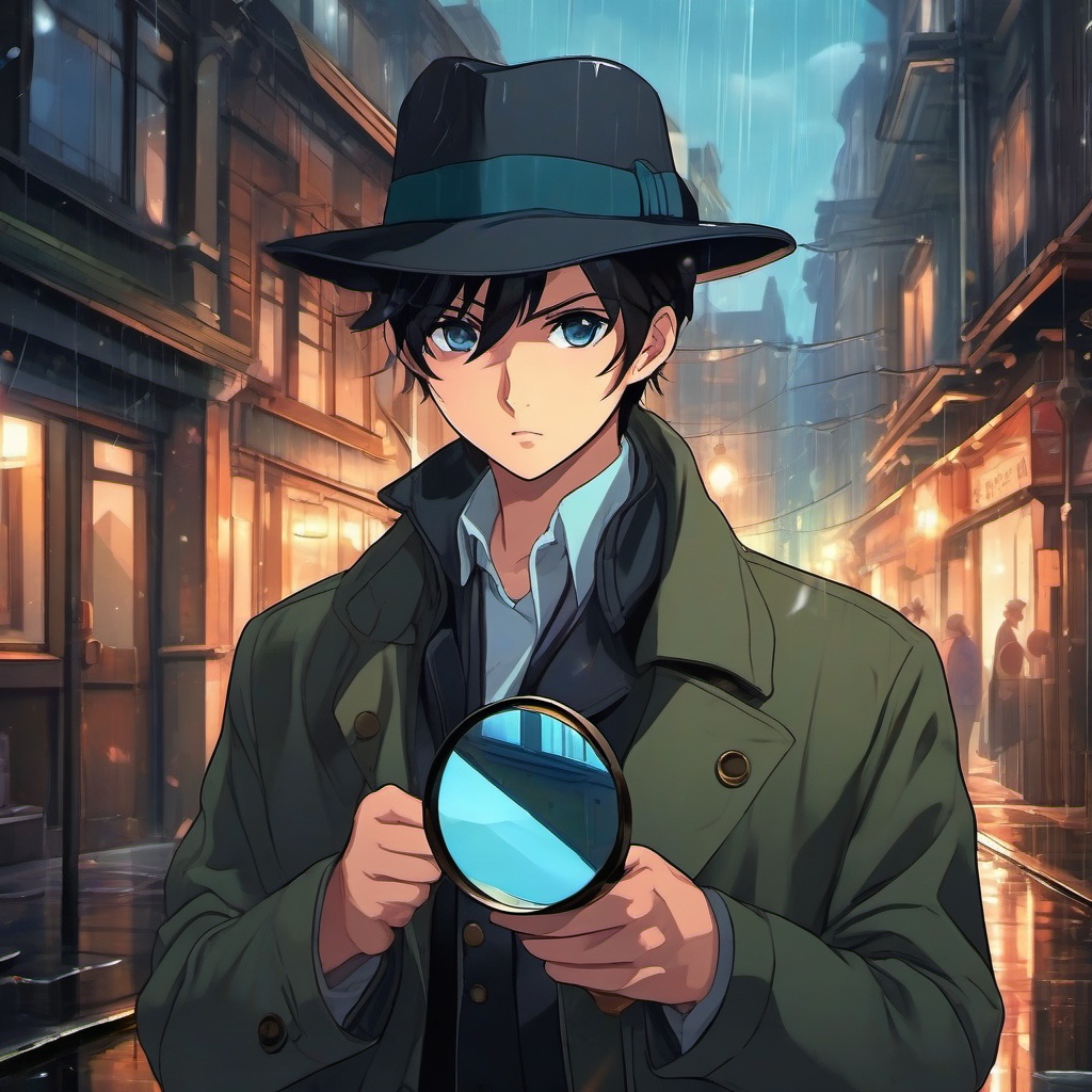 Clever anime detective, holding a magnifying glass, examining clues in a rainy city alley, determined to solve a mystery.  front facing ,centered portrait shot, cute anime color style, pfp, full face visible