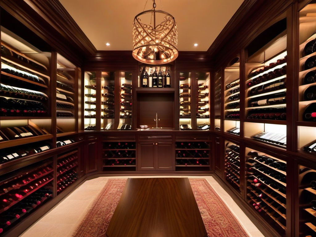 In the wine cellar, traditional interior design features rich wood accents, classic wine racks, and warm lighting that create an inviting atmosphere for wine enthusiasts.  