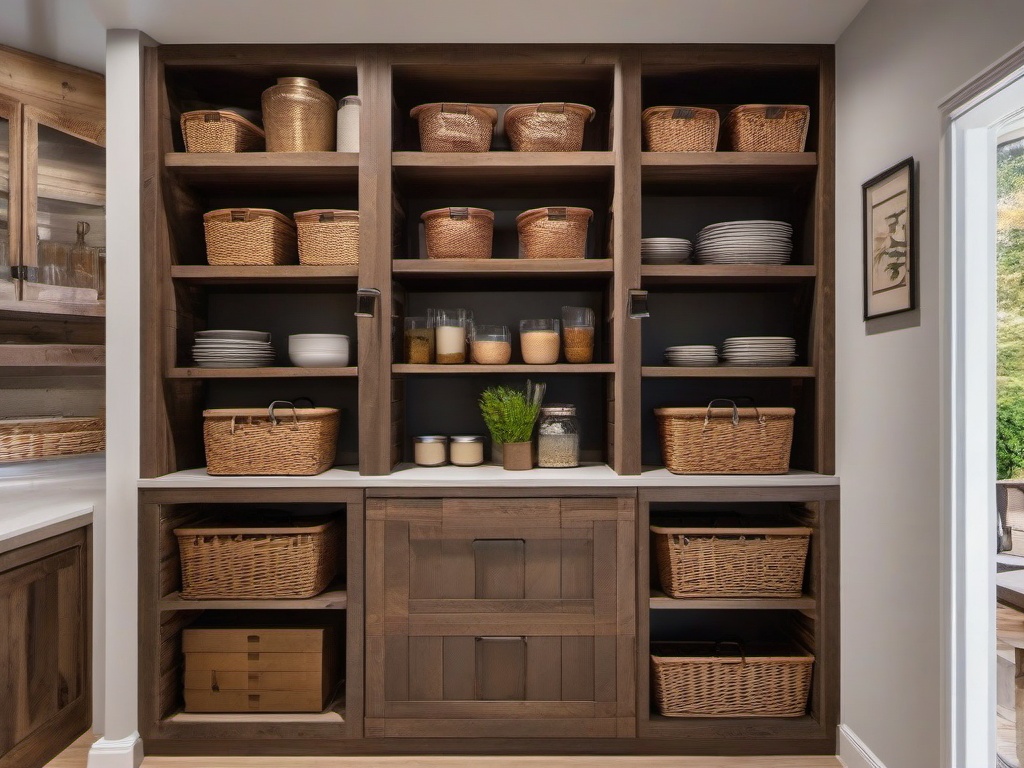 The pantry showcases rustic interior design with wooden shelving, wicker baskets, and nature-inspired decor that make food storage both practical and visually appealing.  