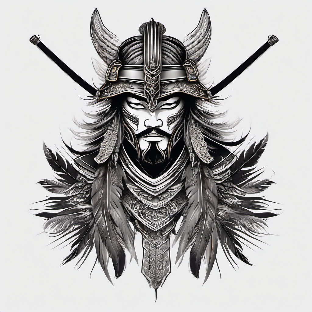 Armored samurai tattoo with feathers forming an elegant pattern.  color tattoo,minimalist,white background