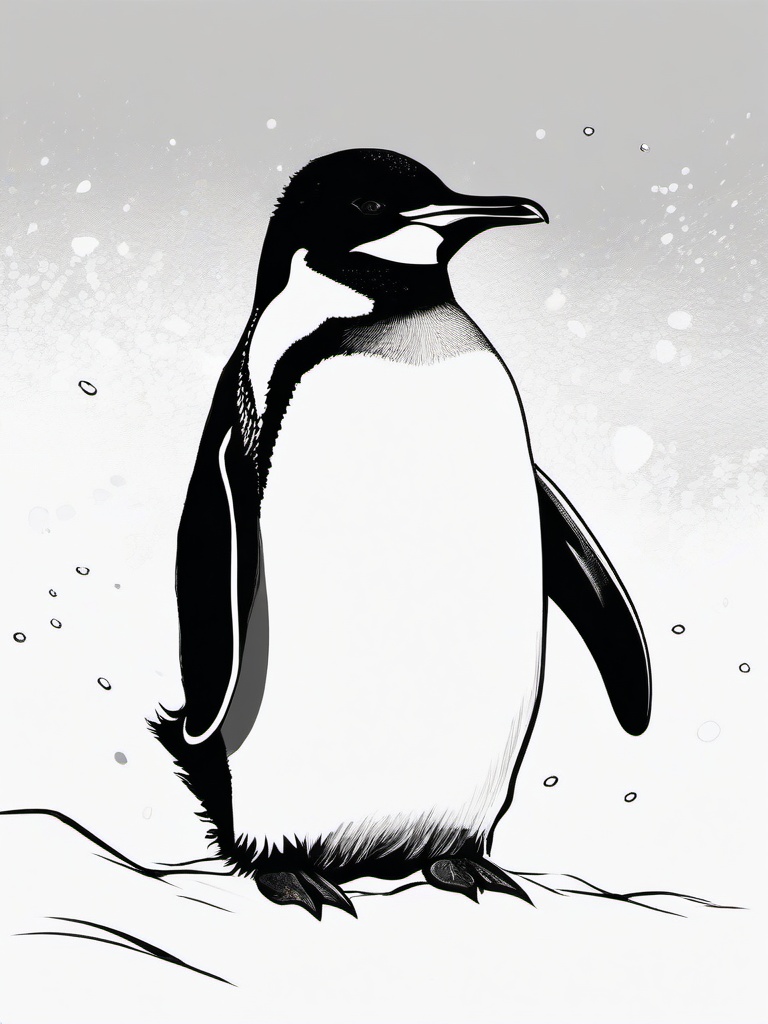 drawing of a penguin playing in the snow  minimal rough sketch scribbles,doodles,black and white