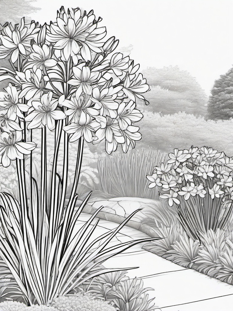 Agapanthus coloring page sheet - Agapanthus flowers blooming in a well-kept garden border.  black outline printable coloring page