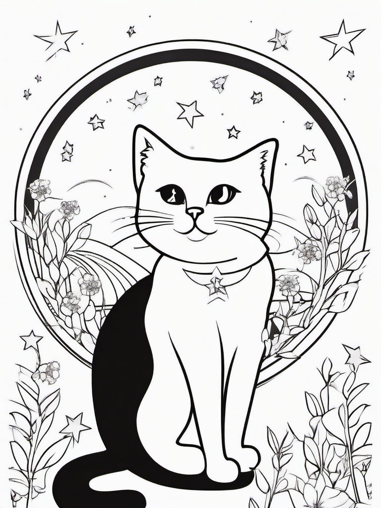 Kitty with Stars and Moon Coloring Pages - Starry Sky with a Curious Kitty  minimal black outline printable sheet, coloring page