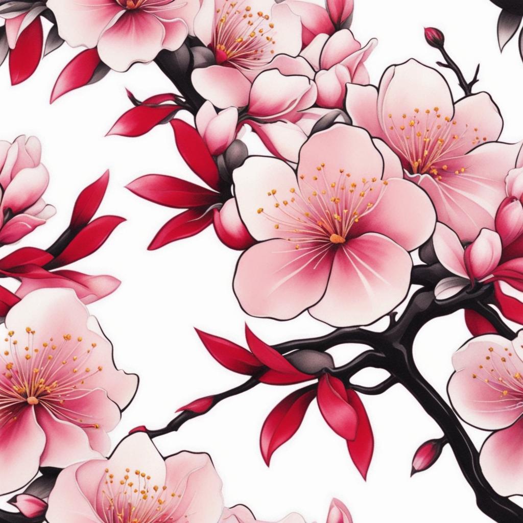 Japanese sakura tattoo, Tattoos featuring the iconic and elegant Japanese cherry blossoms, also known as sakura.  vivid colors, white background, tattoo design