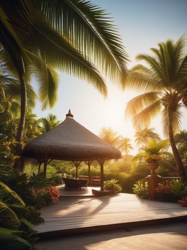 Tropical Patio Paradise - Tropical patio paradise with palm trees and a thatched roof gazebo. realistic, professional photography, bokeh, natural lighting, canon lens, shot on dslr 64 megapixels sharp focus