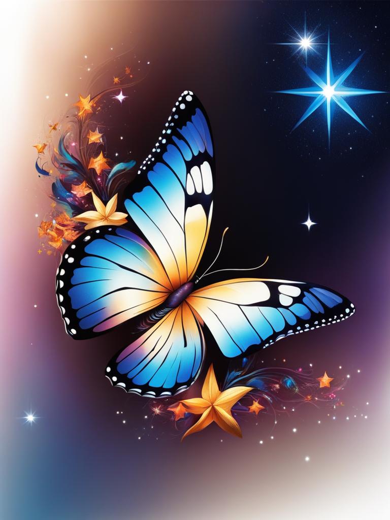 Butterfly and stars tattoo, Tattoos combining the beauty of butterflies with stars.  viviid colors, white background, tattoo design