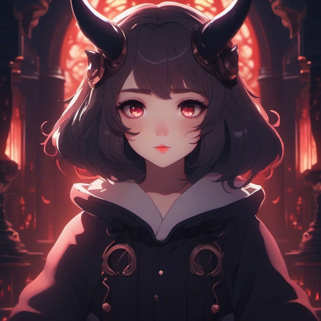 Adorable demon character in a charming underworld.  front facing ,centered portrait shot, cute anime color style, pfp, full face visible