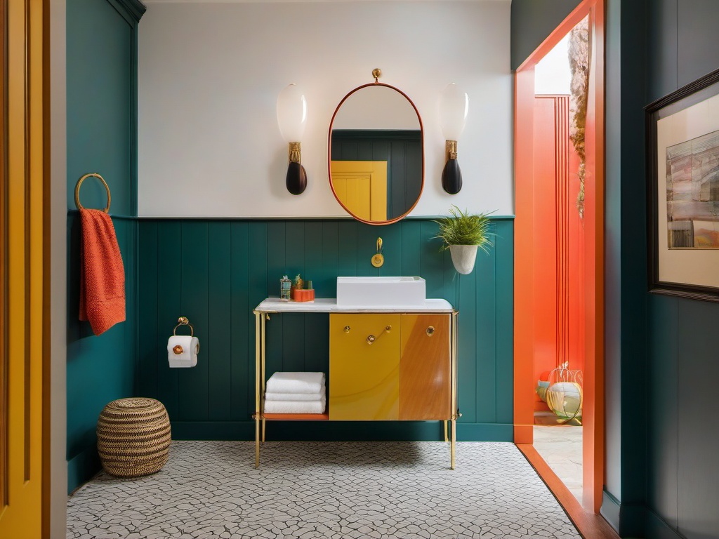 Mid-century modern small bathroom features retro-inspired fixtures, a vintage mirror, and bold colors that add character without overwhelming the space.  