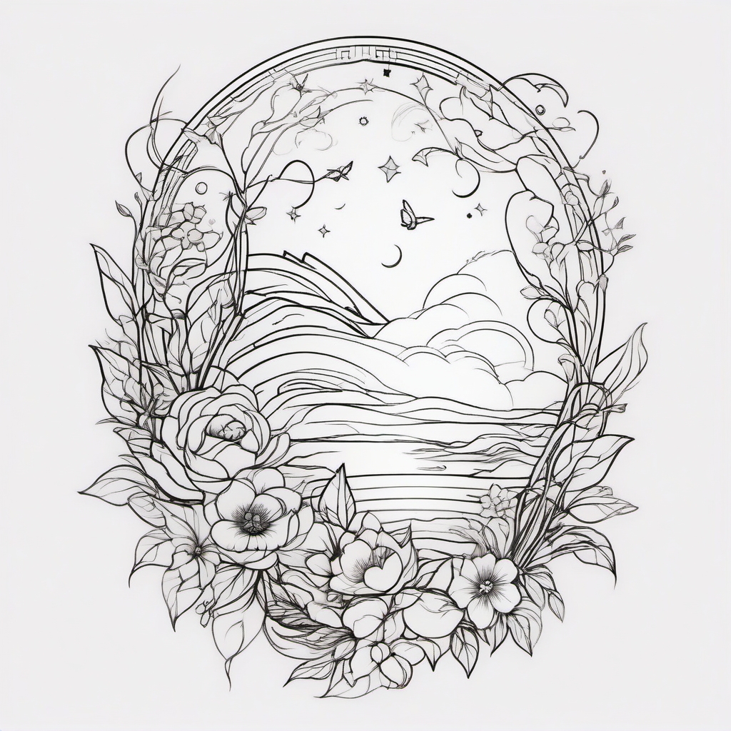 Dream Tattoo Lullaby - Capture the gentle lullaby of dreams in a soothing tattoo.  outline color tattoo,minimal,white background