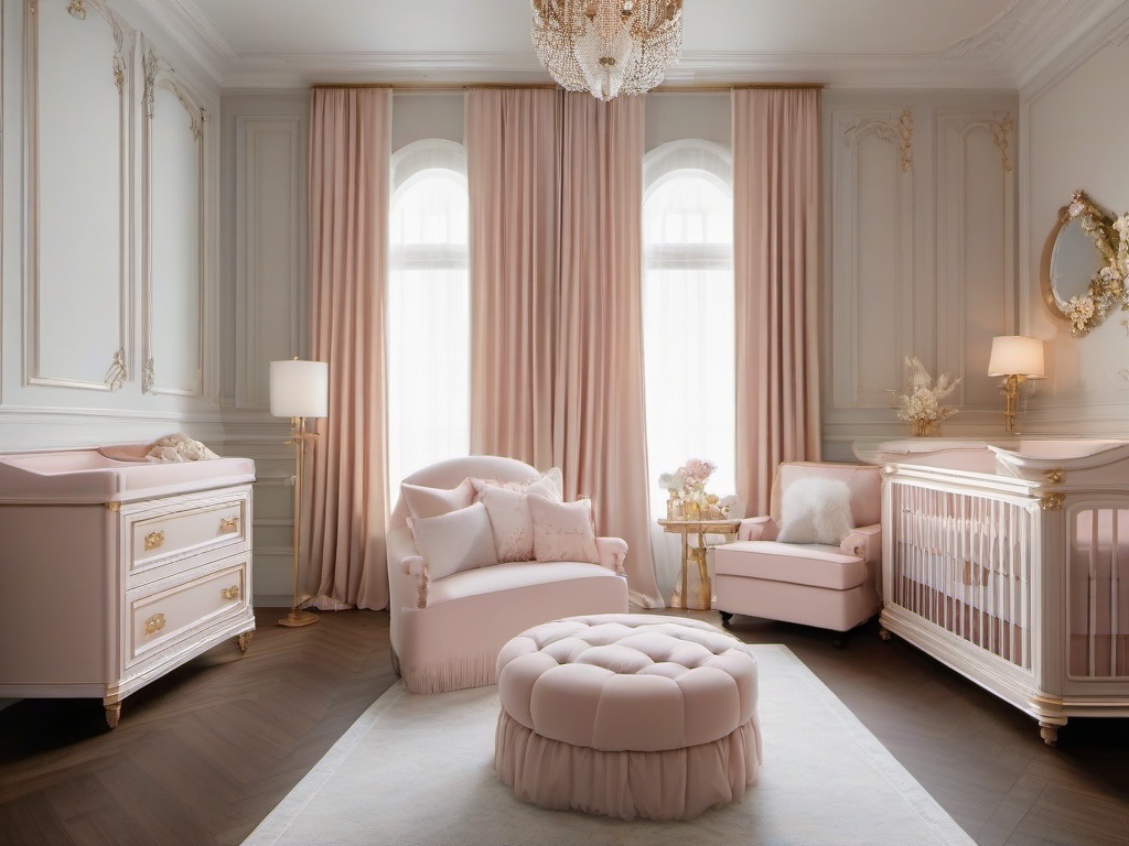 The nursery features Italian Renaissance interior design with soft colors, ornate details, and luxurious furnishings that create a serene and elegant space for the baby.  