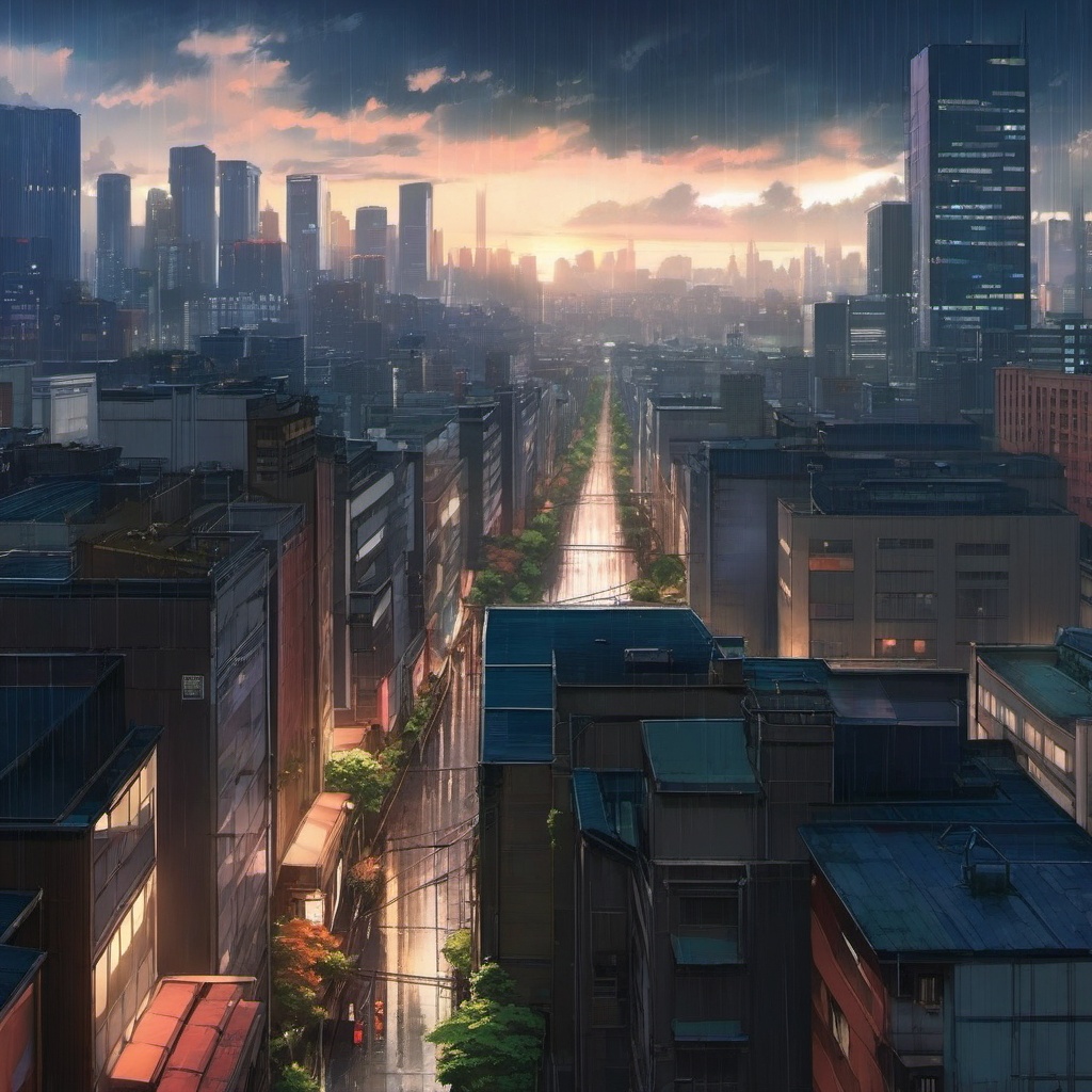 Rainy city rooftop view. anime, wallpaper, background, anime key visual, japanese manga