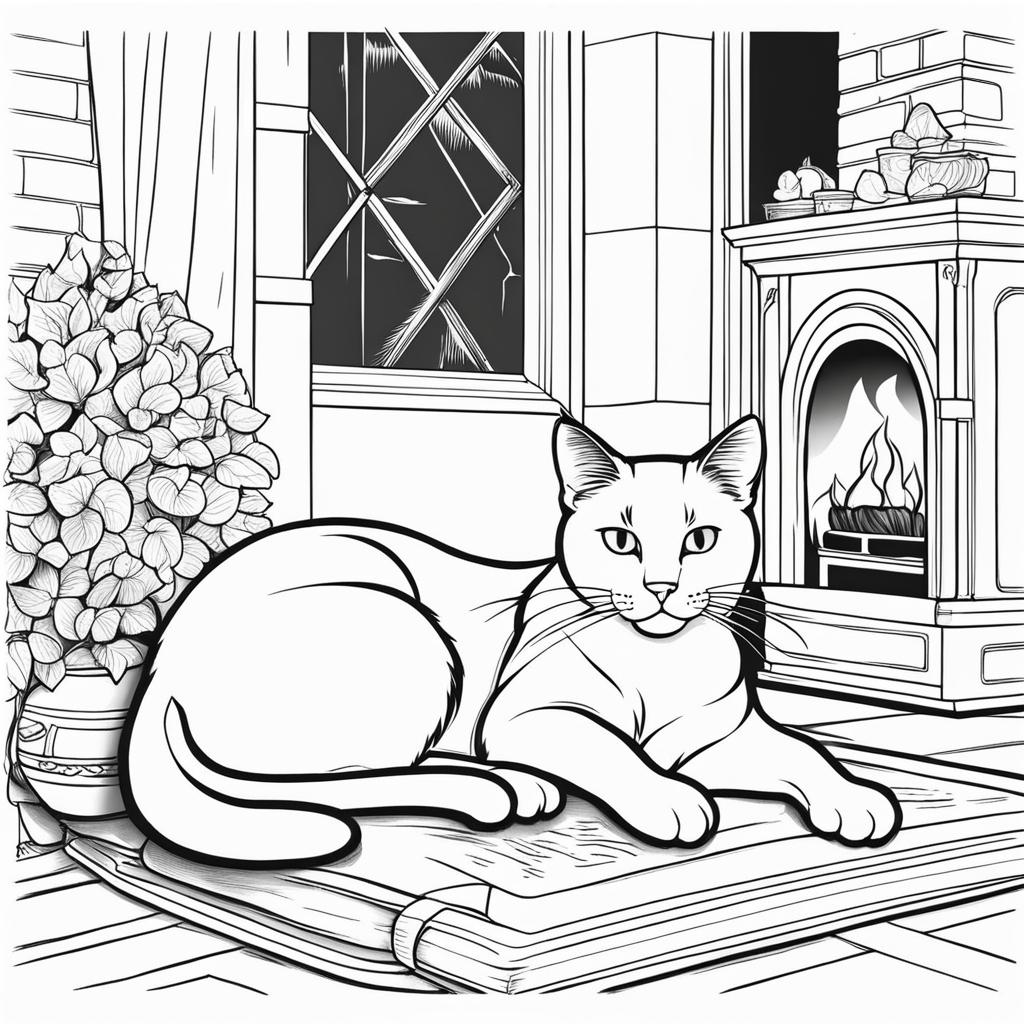 cat coloring pages - a cat enjoys a cozy nap by the fireplace. 