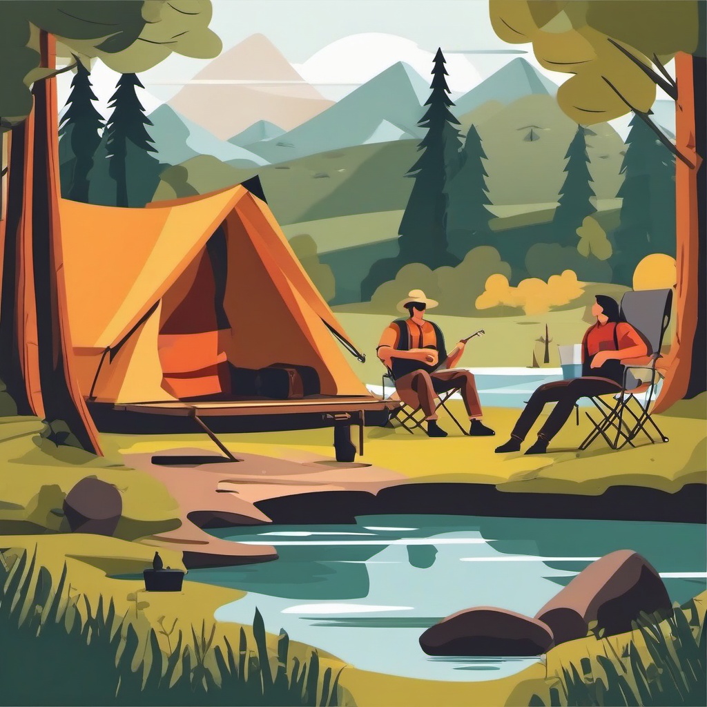 Camping Adventure Scene Clipart - Campers in a scenic outdoor setting.  color vector clipart, minimal style