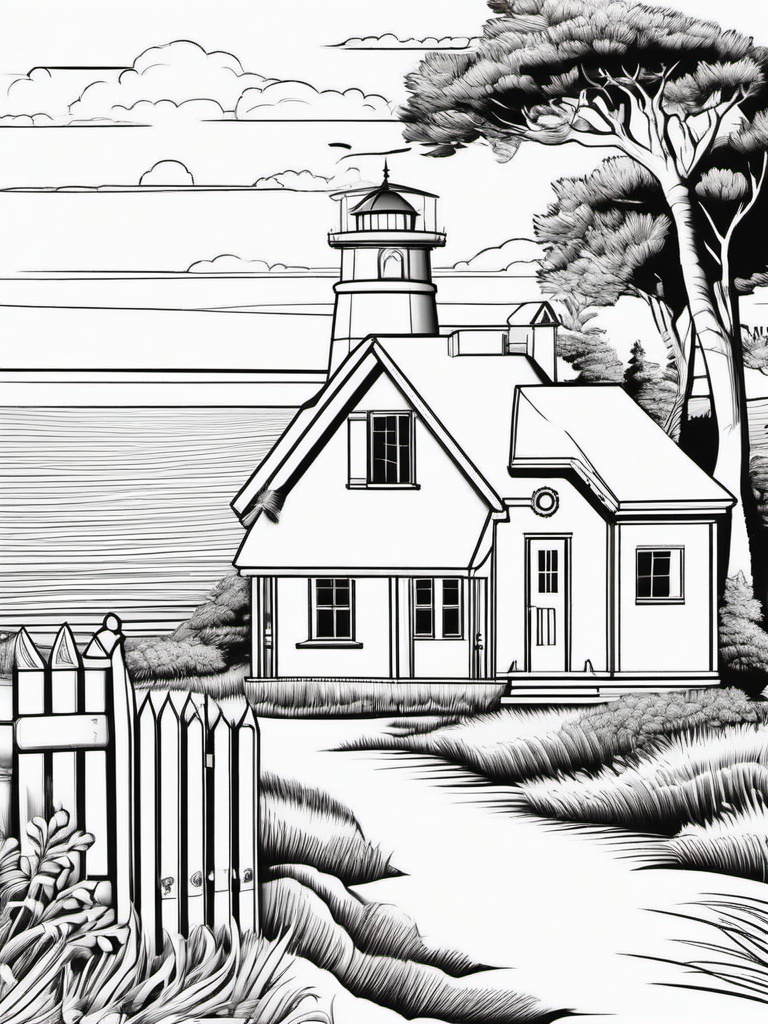 House Coloring Pages - Seaside cottage with a lighthouse in the background  simple coloring pages