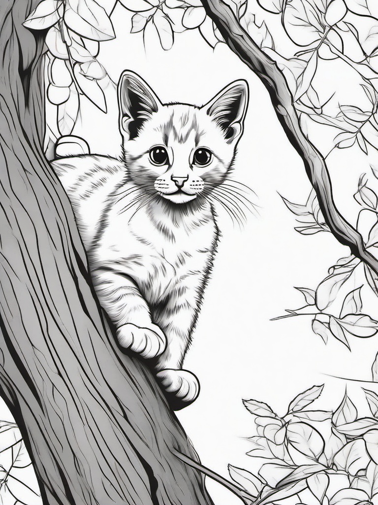 Kitty in a Tree Coloring Pages - Adventurous Kitten Climbing a Tree  minimal black outline printable sheet, coloring page