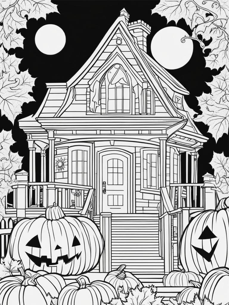 pumpkin coloring pages - a carved pumpkin lights up a spooky haunted house. 