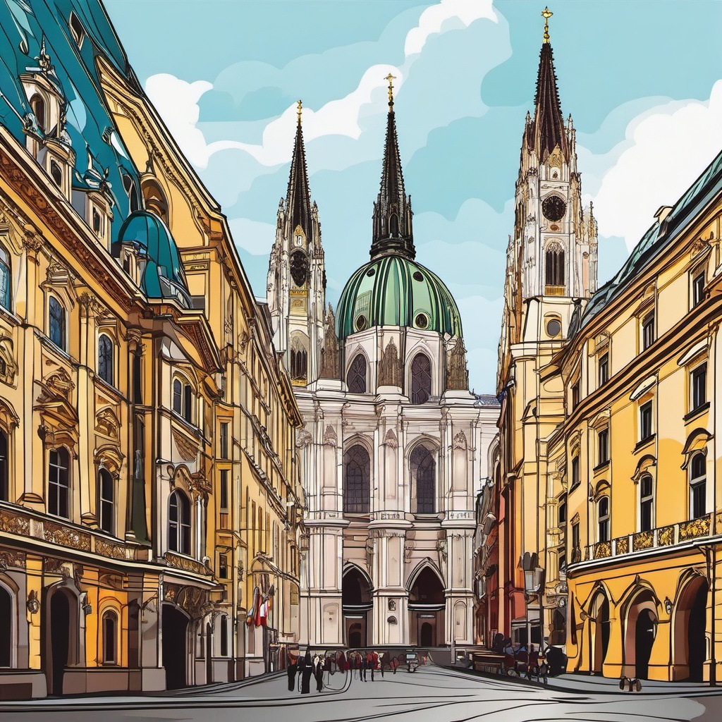 Vienna clipart - St. Stephen's Cathedral and Vienna cityscape, ,color clipart vector style