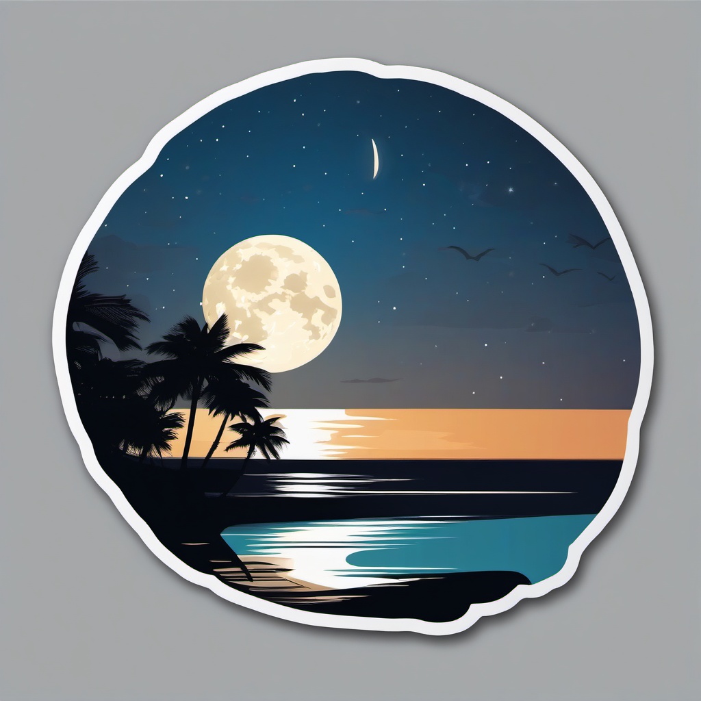 Moonlit beach sticker- Coastal tranquility, , sticker vector art, minimalist design