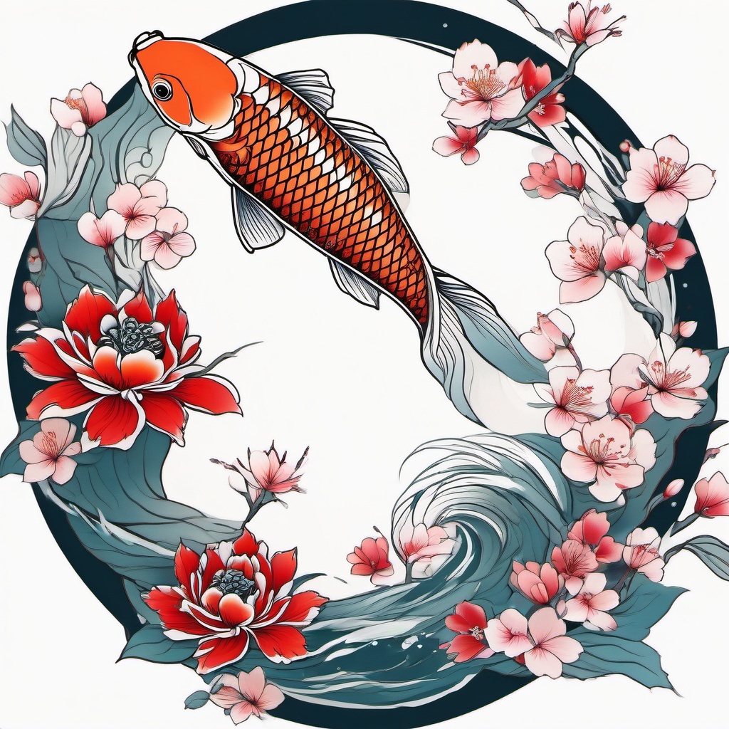 koi and sakura tattoo  simple color tattoo,white background,minimal