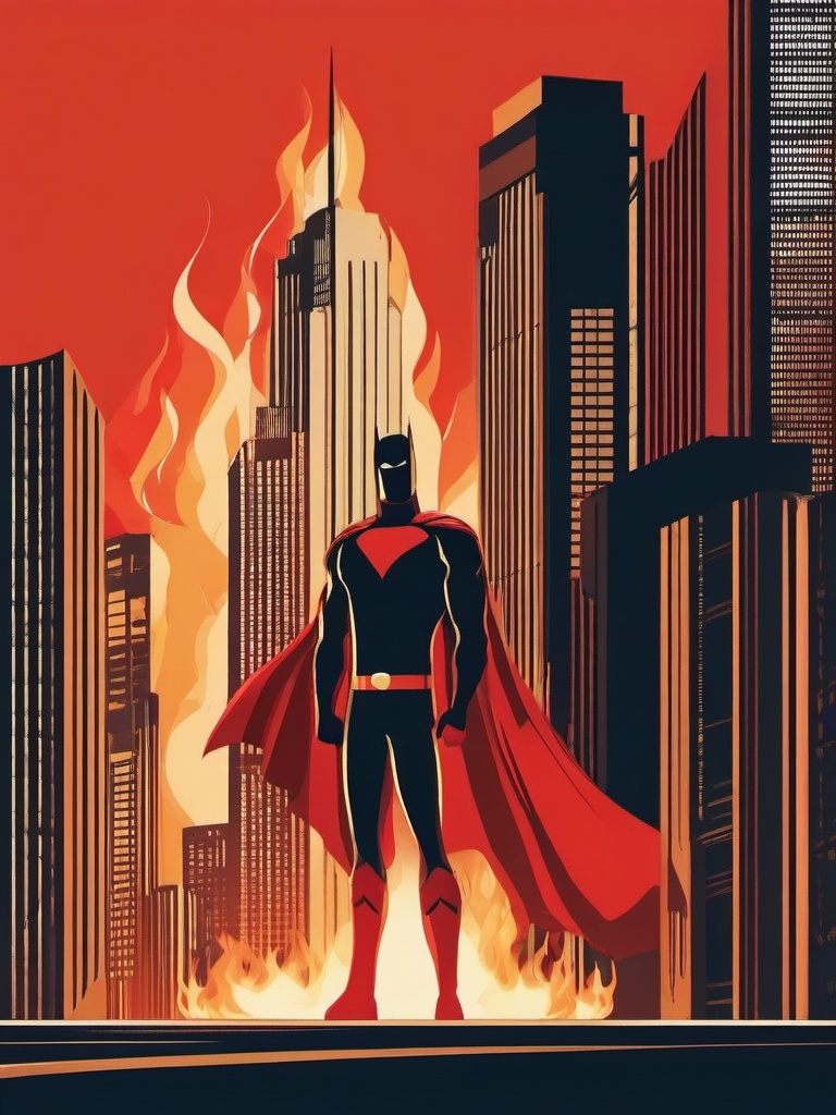 Superhero clipart - superhero standing in front of a burning building  color,minimalist,vector clipart